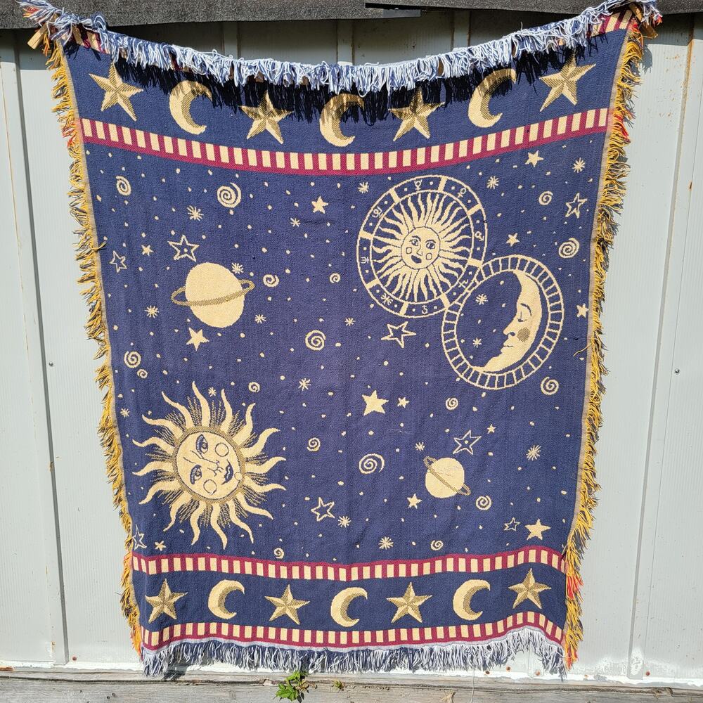 VINTAGE 1990s Celestial Cotton Woven Tapestry Throw Blanket (Goodwin Weavers)
